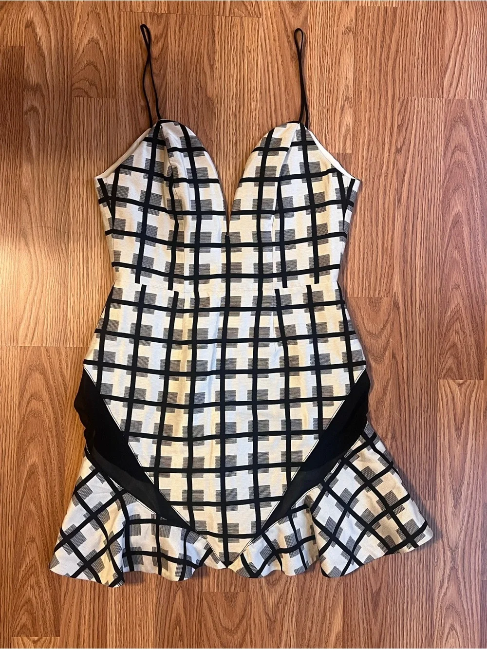 NBD White and Black Grid V-Neck Dress